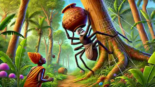 Anansi struggling to climb the tree with the pot tied to his front, while his son Ntikuma watches from below.