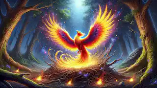 The newly reborn Phoenix emerges from the ashes, wings outstretched in a glowing display of radiant energy and color.