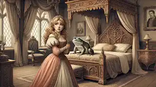 The reluctant princess carries the frog to her bed, holding him at arm's length.