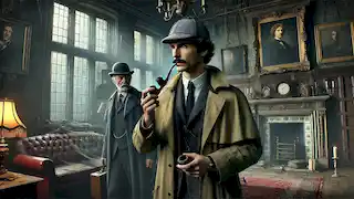 Sherlock Holmes, Dr. Watson, and Inspector Lestrade searching a deserted manor.