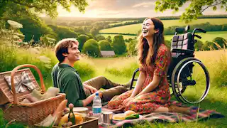 Louisa and Will enjoy a countryside picnic, with Louisa laughing and Will smiling softly from his wheelchair.