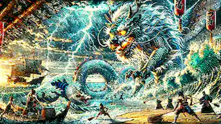 The Shisa battles a giant sea dragon on the shore, with villagers standing united in the background.