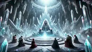 Heroes kneeling before the Oracle of Lyris in a glowing crystal sanctuary deep within snowy mountains.