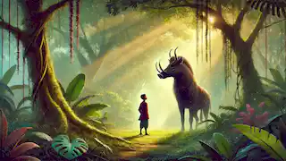 Tiago bids farewell to the Caipora, who sits atop a wild boar in a peaceful, sunlit grove