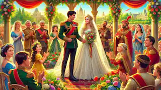 Soldier and eldest princess getting married in a vibrant garden, surrounded by smiling guests and colorful flowers.