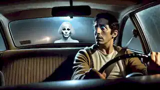 Taxi driver Carlos looks in terror at the White Lady sitting in his backseat, her face smooth and featureless.