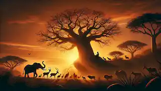 A peaceful sunset with the Baobab tree silhouetted, animals and people gathered beneath it in quiet reflection