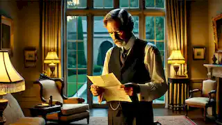 The banker, standing in his study, holding the lawyer's letter, looking distressed. 