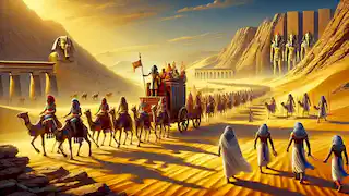 Pharaoh Neferkare's royal procession crosses the desert, with camels and soldiers heading toward the Temple of Ra.