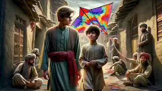 Amir and Hassan stand in a tense alleyway in Kabul, with Hassan holding a kite after the tournament.