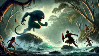 Naru battles the Bunyip by the river, dodging an attack from the massive creature in a tense, action-packed scene.