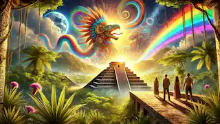 Quetzalcoatl's mural on ancient pyramids surrounded by jungle, with modern figures gazing in awe under a golden sky.