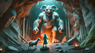 Tatterhood fearlessly faces a giant troll at the cave entrance, holding her wooden spoon while riding her goat.