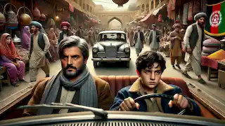 Amir and Baba drive through a bustling Afghan bazaar, with tension between them visible.