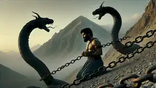 Zahhak chained to Mount Damavand, defeated, with lifeless serpents on his shoulders, at the break of dawn