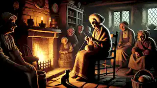 Agnes sitting by her fire, recounting the Black Dog legend to the grave-faced village elders.