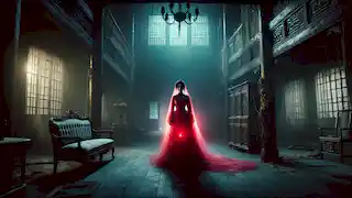 Meilin’s ghost in a crimson wedding dress glows faintly, wandering the decayed halls of General Wu’s estate.