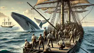 The crew of the whaling ship Pequod preparing to hunt a whale.