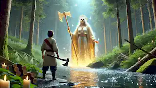 The river guardian emerges from the water holding a golden axe while the woodcutter stands amazed by the sight.