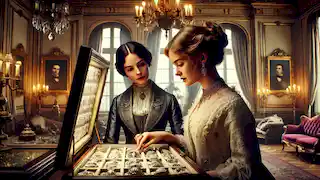 Matilda excitedly selects a diamond necklace from her friend Mme. Forestier’s elegant jewelry collection.