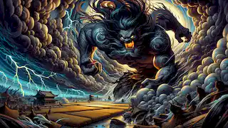 Susanoo rages through the rice fields and palace, surrounded by storm clouds and lightning as destruction follows.