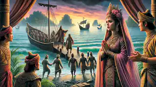 Mahsuri bids farewell to Wan Darus as he boards a ship with other warriors, the sea calm yet foreboding.