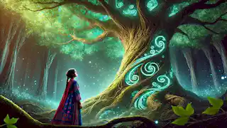 The Talking Tree with glowing patterns on its trunk as a young Persian woman gazes up in awe in the magical forest.