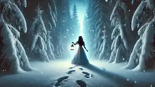 Clara follows footprints in a snowy forest, her lantern lighting the path under falling snow and shadowy trees.