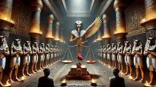 The god Osiris oversees the weighing of a heart against the Feather of Ma'at in the Hall of Judgment.