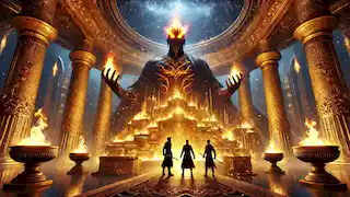 In the Djinn’s lair, the brothers face a towering Djinn surrounded by treasure, radiating an aura of power and challenge.