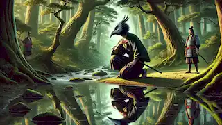 Kenjiro kneels beside a river, seeing his reflection transforming into the Tengu.