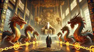 The four dragons, captured by celestial guards, stand before the Jade Emperor in his grand celestial palace