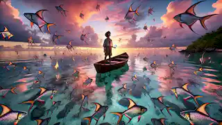 Kai at dawn, surrounded by flying fish gliding over calm waters, holding an iridescent scale in awe.