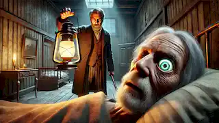 The narrator standing over the old man's bed, with the lantern's light focused on the old man's open eye.