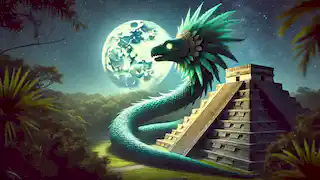 The feathered serpent Kukulkan glows in the moonlight, coiled around the top of the ancient temple.