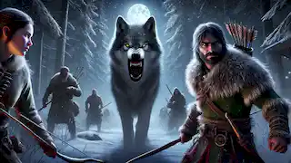 Eamon and the Lupine Wolf confront ruthless hunters in a snowy forest at night, ready for battle.