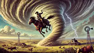 Pecos Bill riding a massive cyclone, gripping his lasso as lightning crackles around him.