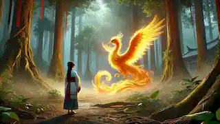 Lian bows to the Golden Phoenix in a misty, mystical forest clearing.