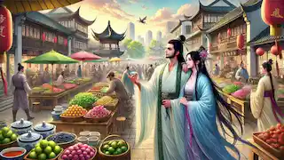 Bai Suzhen and Xiao Qing in the bustling streets of Hangzhou.