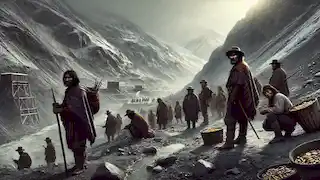 Aymara men working in harsh conditions in colonial silver mines in the Andes.