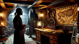 Ezra stands in the captain’s cabin of the Queen Anne’s Revenge, with Blackbeard's ghost towering behind him