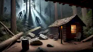 A rustic cabin surrounded by forest is attacked by shadowy figures throwing rocks during the 1924 Ape Canyon incident.