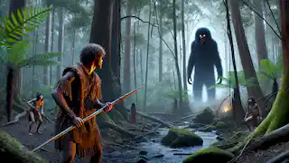 Walu, an Aboriginal warrior, encounters the Yowie in the dense Australian forest, standing frozen in fear with his spear.