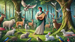 Orpheus playing his lyre, surrounded by enchanted animals in a lush forest.