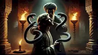 Zahhak being kissed on the shoulders by the Devil, as two black serpents emerge in a dark chamber.