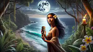 Lani stands on a cliff at night, holding a carved idol, with the ocean illuminated by moonlight.