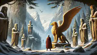 Eirik and the Griffin stand at the entrance of the Valley of Gryphus, looking out over a snow-covered landscape.