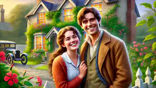 John and Mary smiling in front of a charming house with a vibrant garden, in the early stages of love.