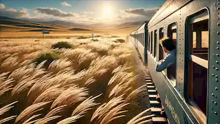 A train moves through the Argentine plains as Juan Dahlmann looks out the window, lost in thought.