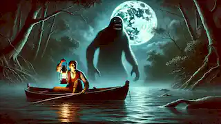 William's night encounter with the Bunyip in a small boat with a lantern, as the Bunyip emerges from the water.